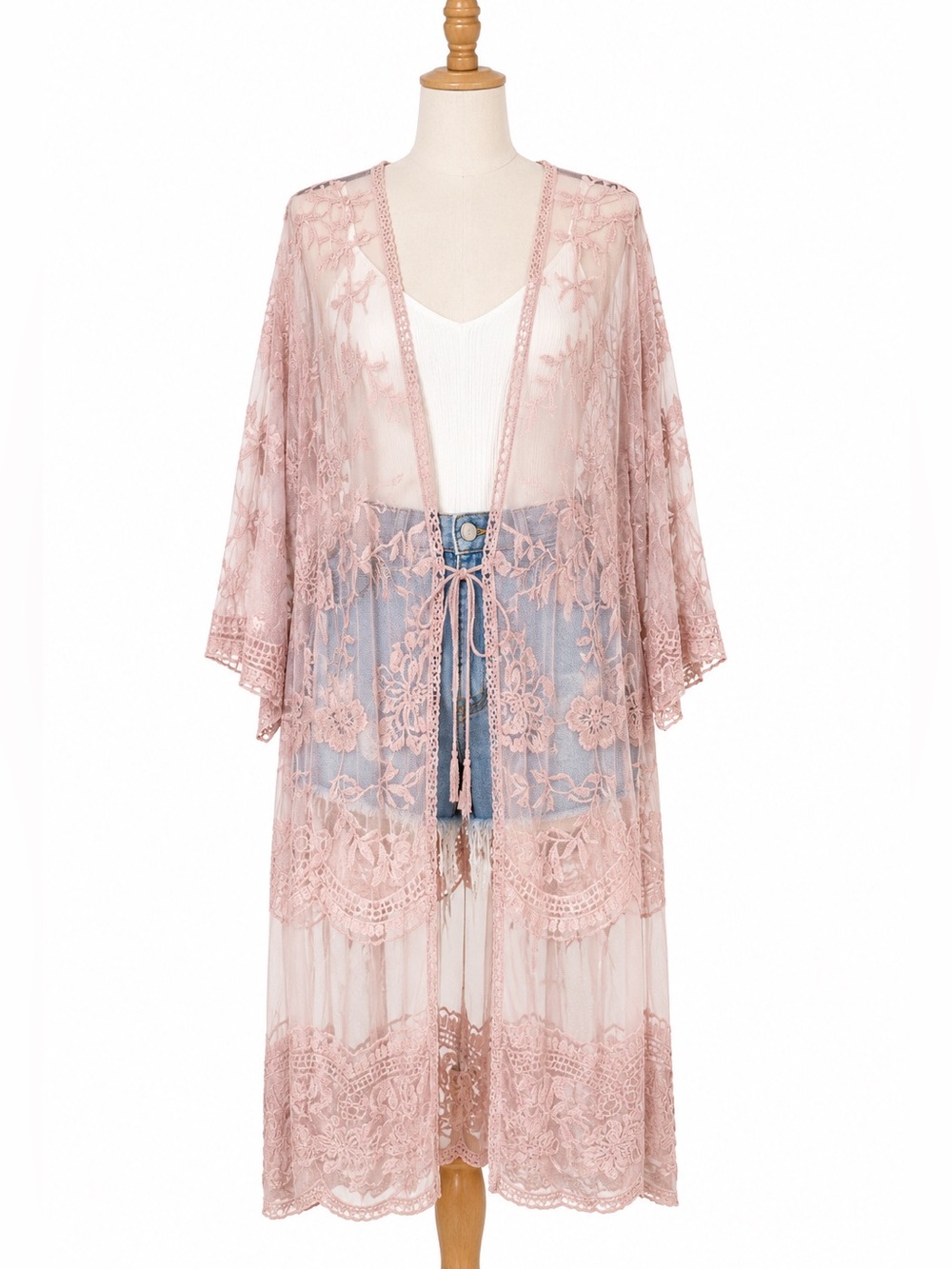 POL 100% Cotton Sheer Lace Embroidered Duster Kimono – Blush Pink